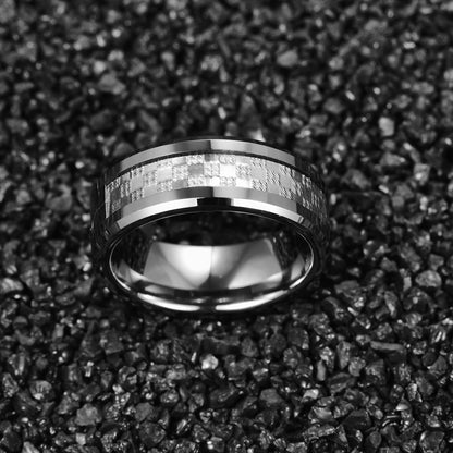 8mm silver Tungsten men's ring with beveled edges and checked metallic inlay