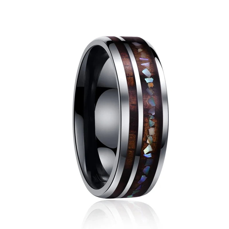 Silver abalone ring crafted with silver Tungsten, wood, and abalone shell.