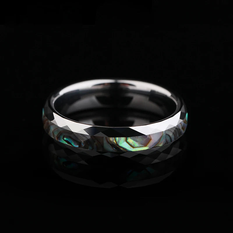 Silver abalone design with polished Tungsten and a comfort fit interior.