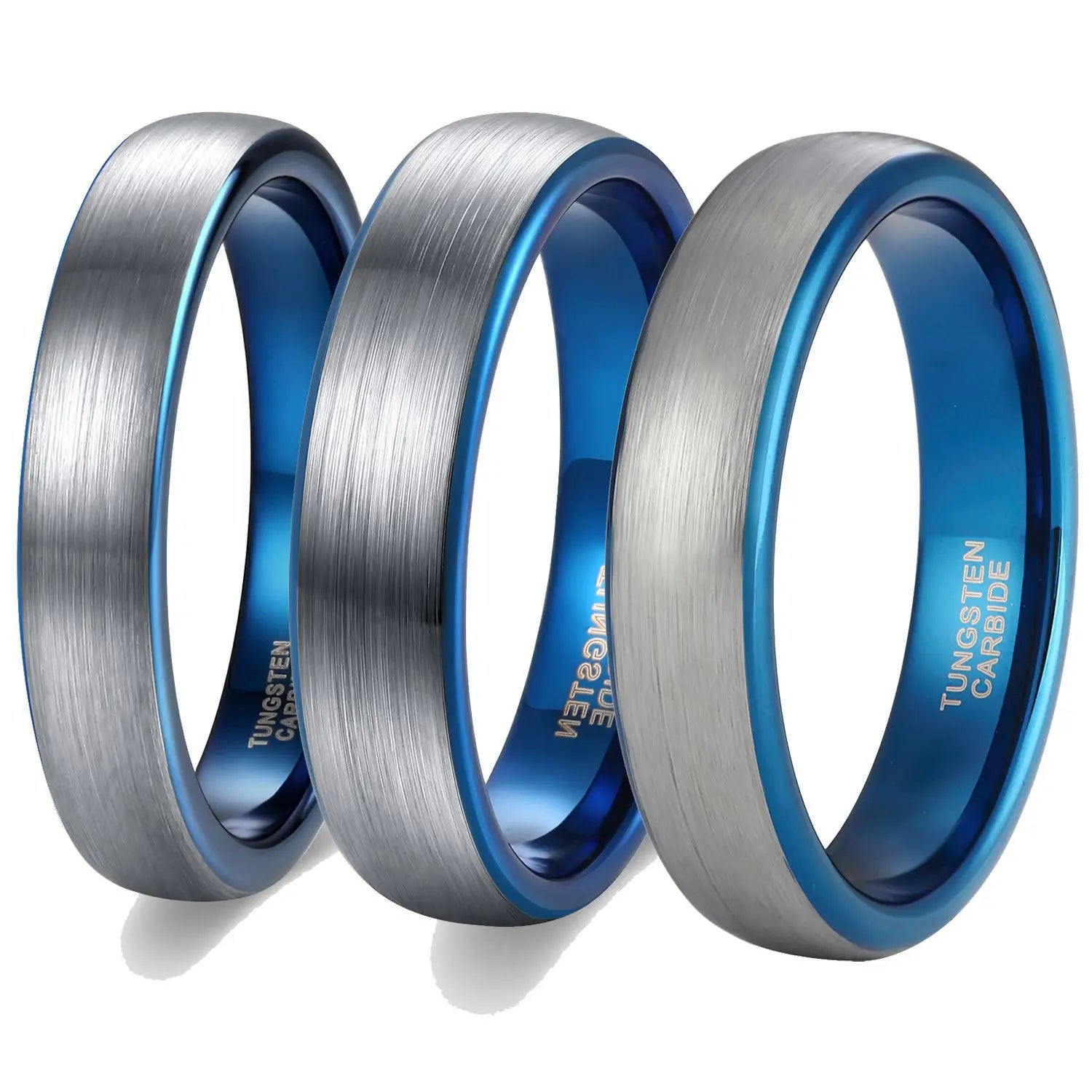 Set of 4mm, 6mm, and 8mm brushed silver tungsten men’s rings with blue interiors and domed bands, blending modern aesthetics with durable craftsmanship.