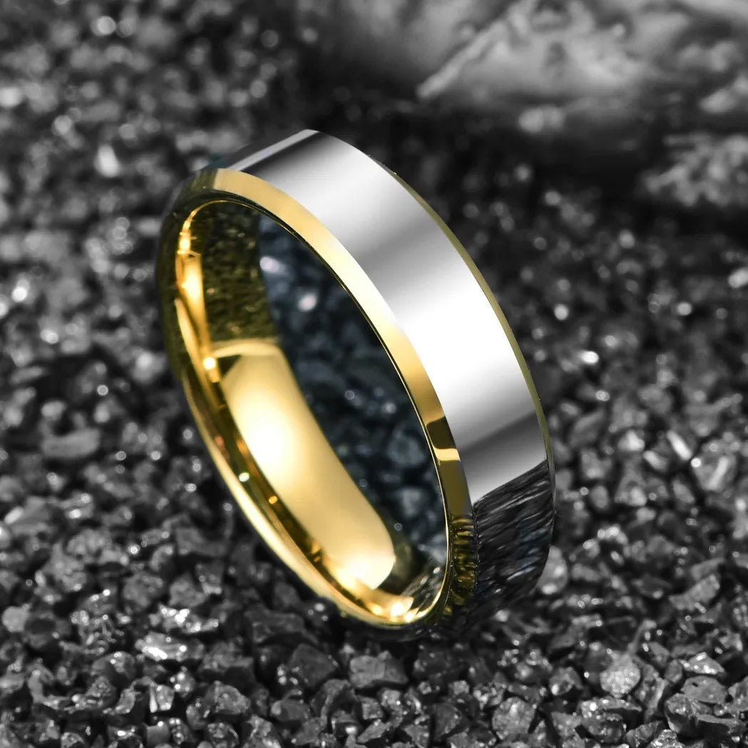 Silver and gold Tungsten ring with polished finish and beveled edges