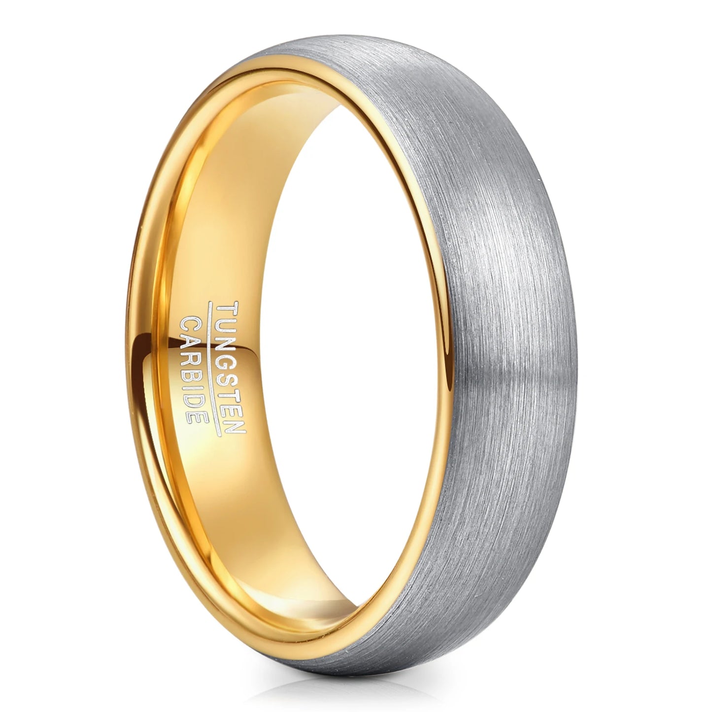 Silver and gold tungsten ring for men, domed band with brushed outer and polished interior, 6mm comfort fit.