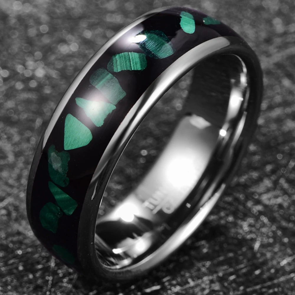 Silver Tungsten men’s ring with malachite chunk inlay, angled view (8mm)