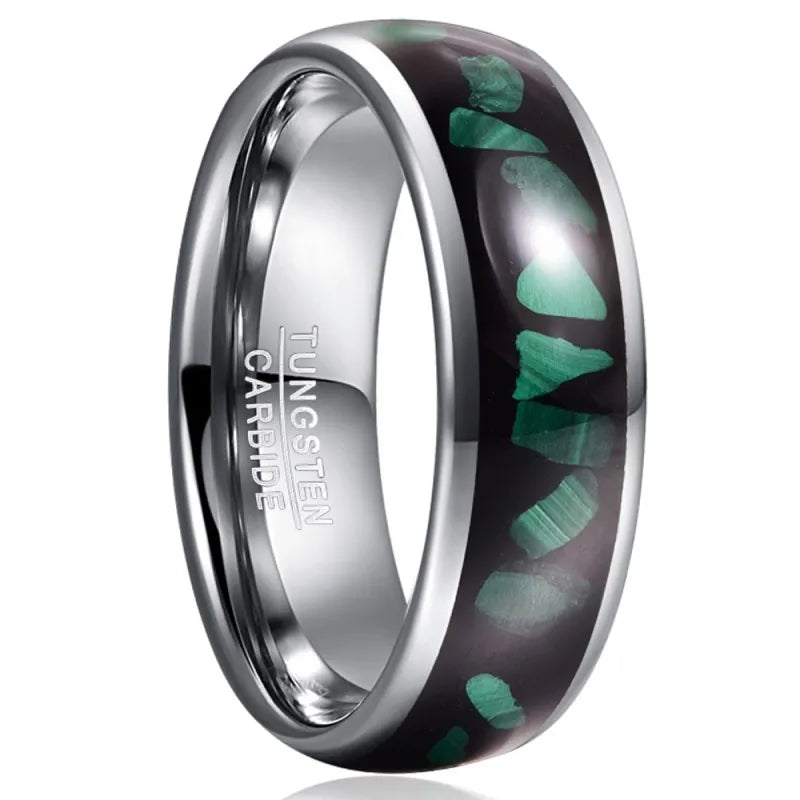 Silver Tungsten men’s ring with malachite chunk inlay, front view (8mm)