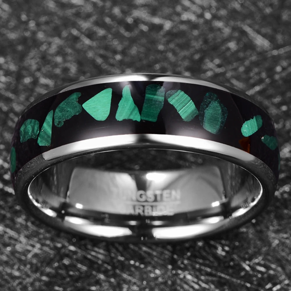 Silver Tungsten men’s ring with malachite chunk inlay, top view (8mm)