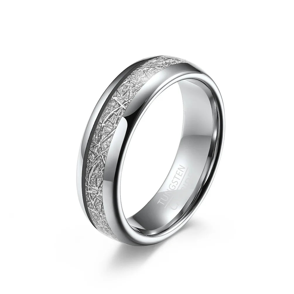 Silver Tungsten ring with meteorite inlay, 6mm domed band