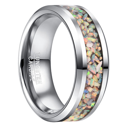 8mm silver tungsten men's ring featuring beveled edges and a crushed opal inlay. This comfort-fit design offers a stunning blend of elegance and modern style.