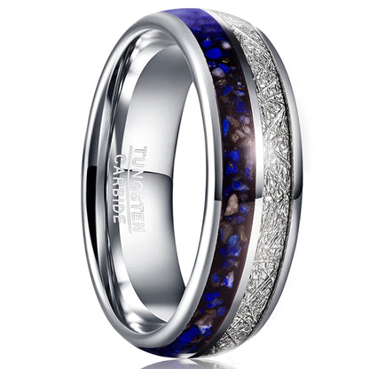 Close-up of silver Tungsten ring featuring meteorite and lapis lazuli inlay, 8mm width