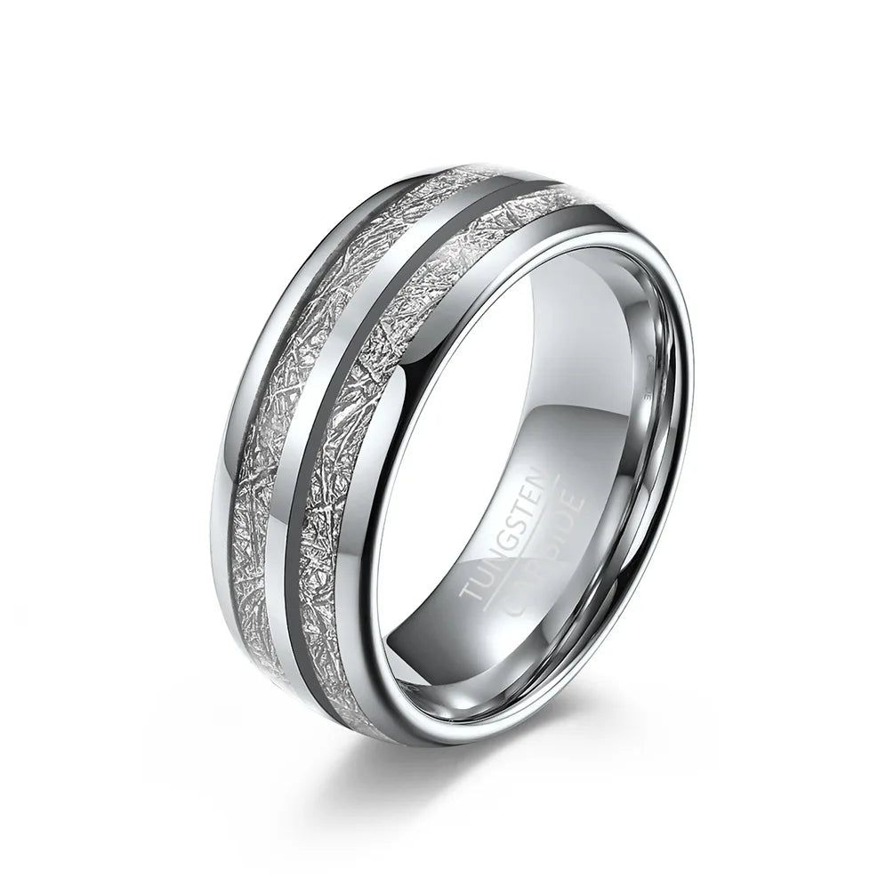 8mm Silver Tungsten Ring with Double Meteorite Inlay