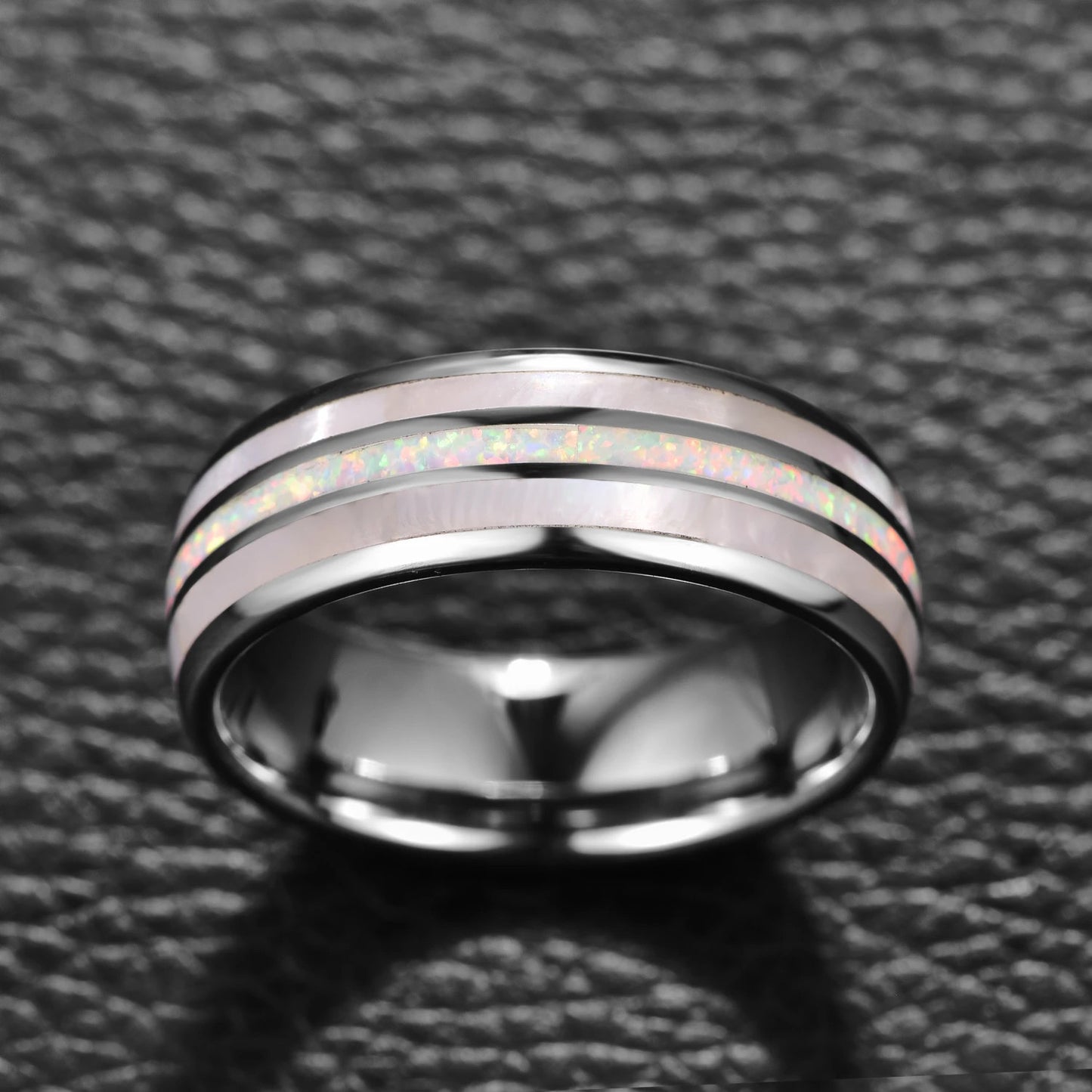 Silver Tungsten ring with white fire opal center and mother of pearl inlay, front view