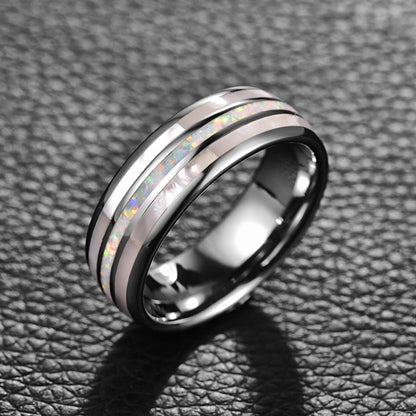 Silver Tungsten ring with white fire opal center and mother of pearl inlay, side view