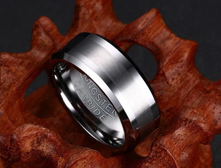 Silver wedding ring mens, crafted from Tungsten with a brushed center.