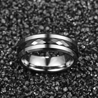Spinner rings for men, with a central rotating band and beveled edges.