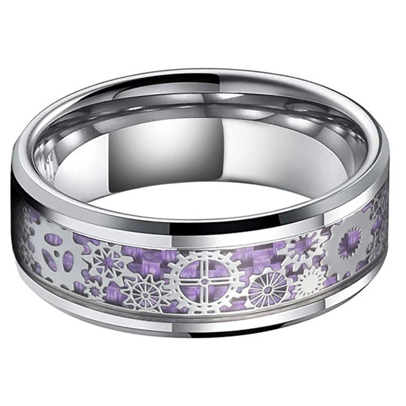 Steampunk women's accessories with silver band and violet purple cog inlay.