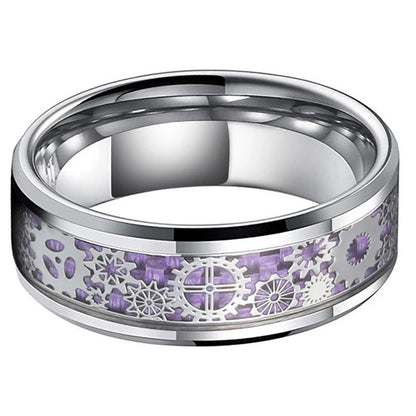 Steampunk women's accessories with silver band and violet purple cog inlay.