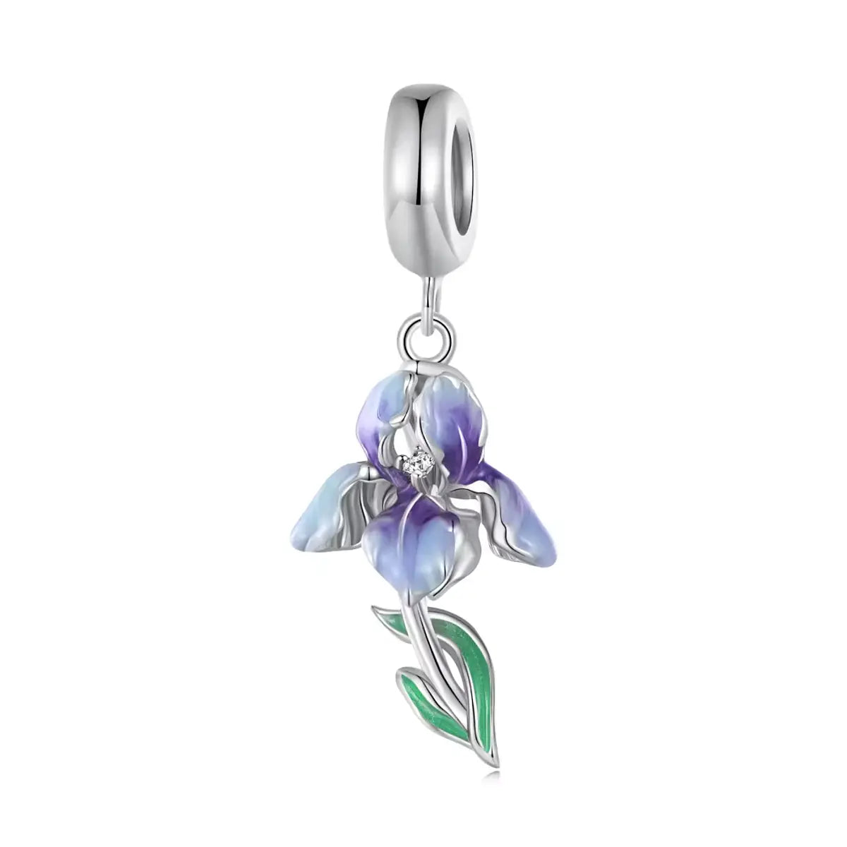 Sterling silver botanical design with a softly colored iris flower and elegant green leaf detailing.