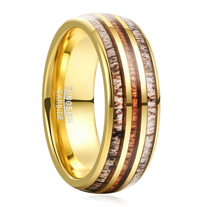 8mm gold tungsten men's ring with natural deer antler and acacia wood inlay, domed band, and comfort-fit interior.