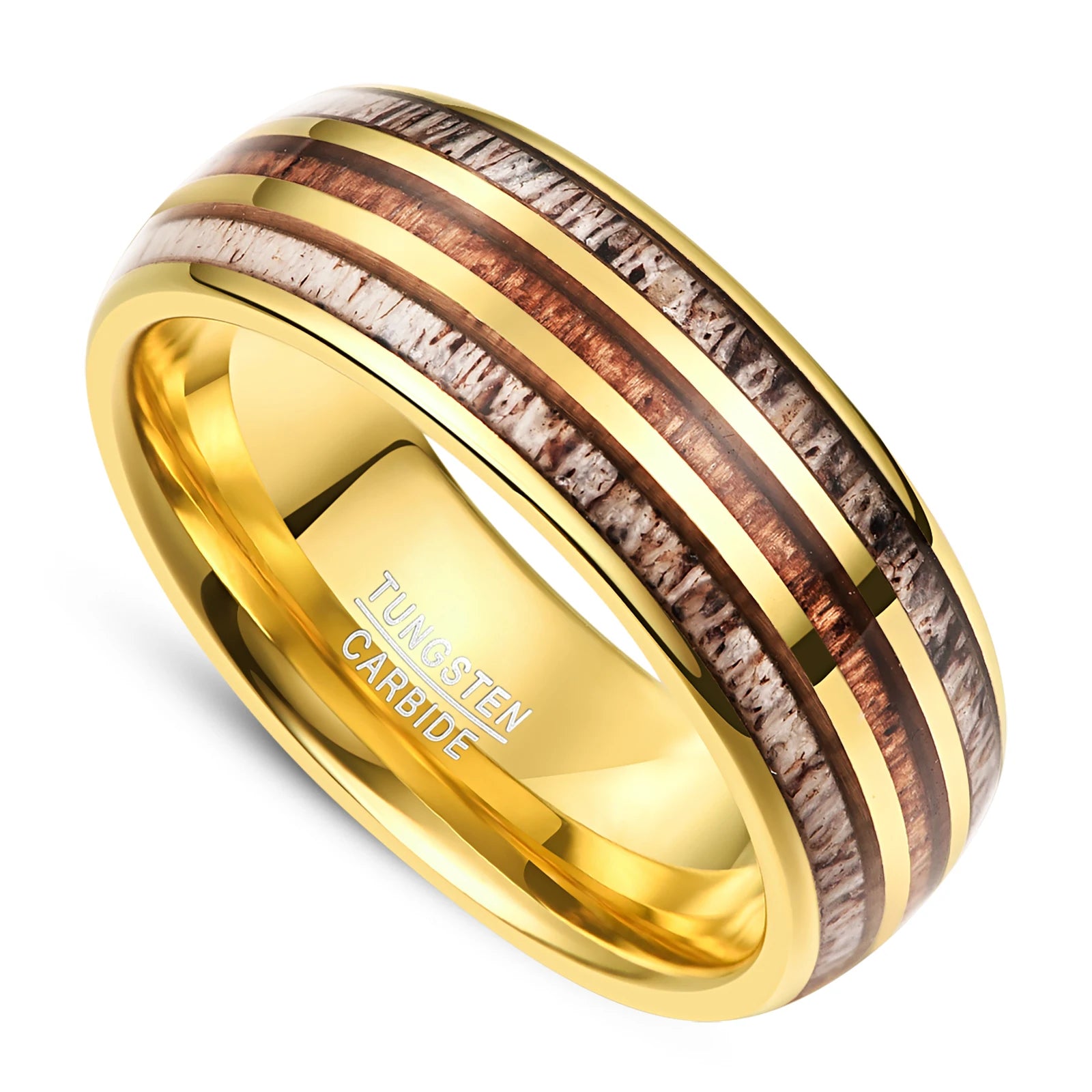 Gold tungsten ring with natural deer antler and acacia wood inlay, 8mm men's domed band, comfort-fit interior.