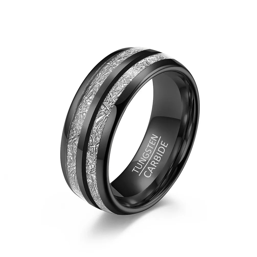 Tungsten 8mm men's black wedding band with meteorite inlay