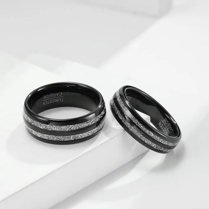 6mm and 8mm black Tungsten meteorite inlay wedding band set for him and her.