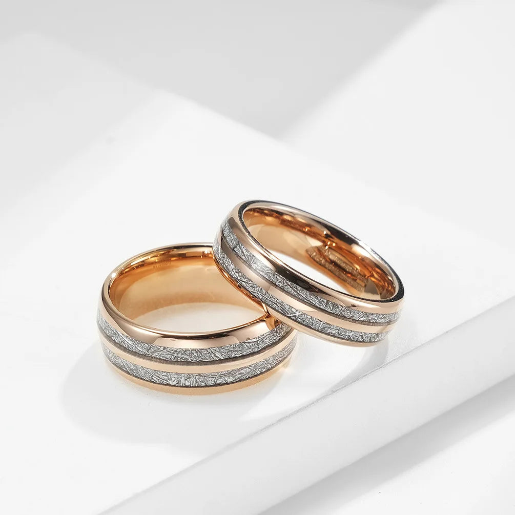 His and hers Tungsten meteorite inlay wedding band set in rose gold. 8mm and 6mm widths.