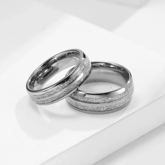 His and hers Tungsten meteorite inlay wedding band set in silver