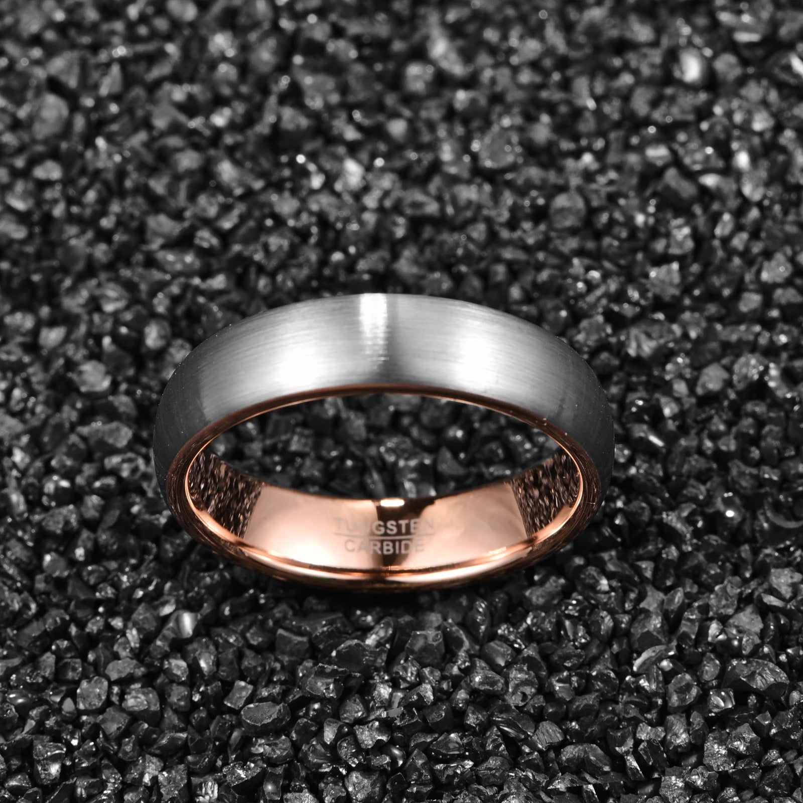 Unisex 6mm Tungsten ring with brushed silver exterior and polished rose gold interior, showcasing a domed band.