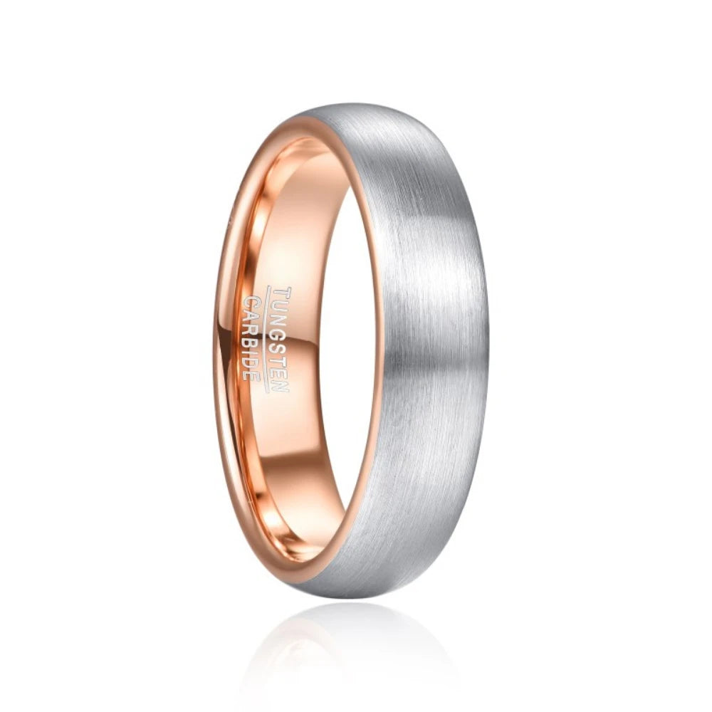 6mm unisex Tungsten ring with a brushed silver exterior and polished rose gold interior, displayed on a clean white background.