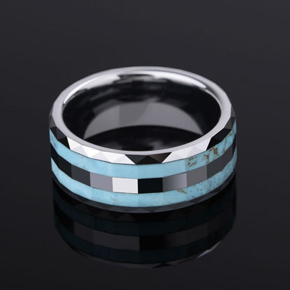 Turquoise ring for men with genuine turquoise inlay and faceted Tungsten band.