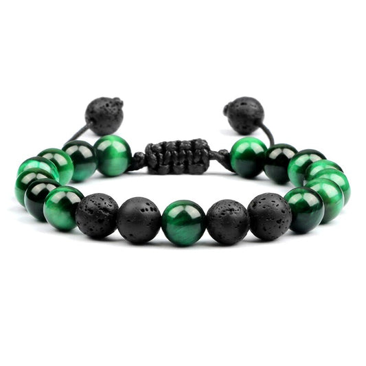 Bracelet Oeil de Tigre Vert et Pierre de Lave