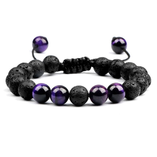 Bracelet Oeil de Tigre Violet et Pierre de Lave