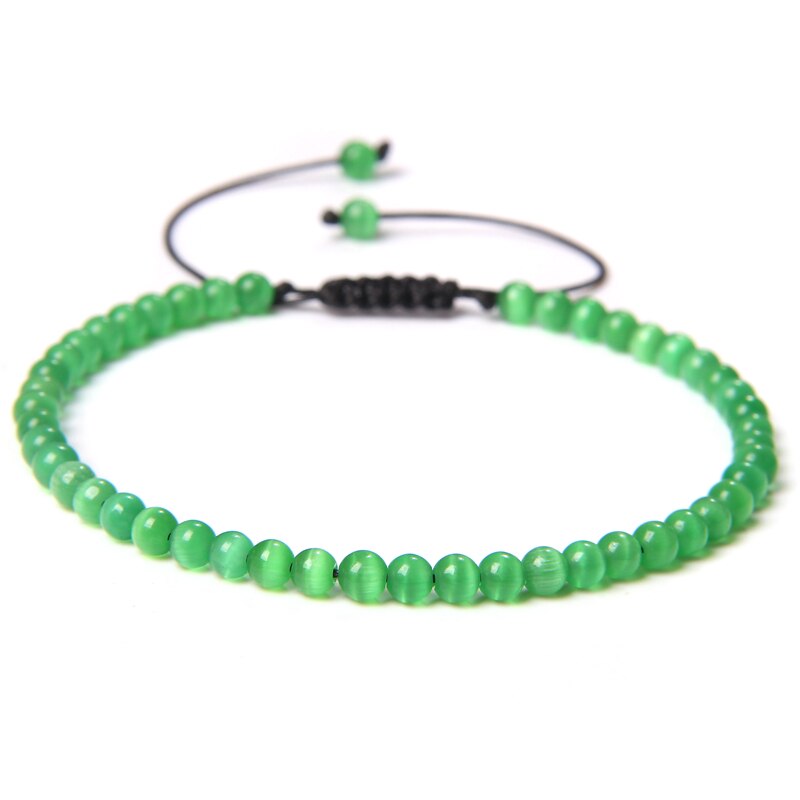 Bracelet Oeil de Chat Vert Herbe sur Corde Ajustable 4mm