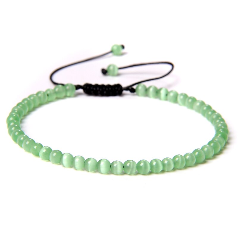 Bracelet Oeil de Chat Vert Pâle sur Corde Ajustable 4mm