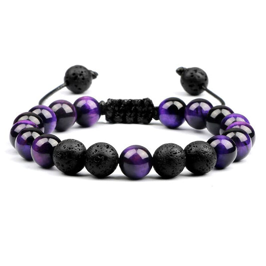 Bracelet Oeil de Tigre Violet avec Pierre Volcanique