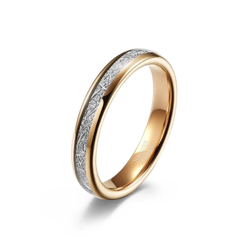 4mm rose gold tungsten wedding band with genuine meteorite inlay, designed for women, comfort fit.