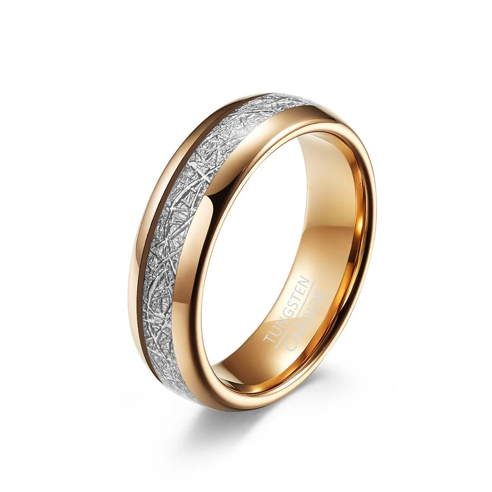 6mm rose gold tungsten wedding band with genuine meteorite inlay, designed for men, comfort fit.