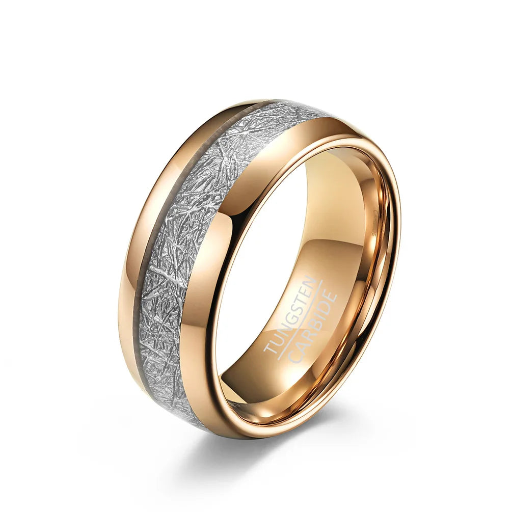 8mm rose gold tungsten wedding band with genuine meteorite inlay, designed for men, comfort fit.