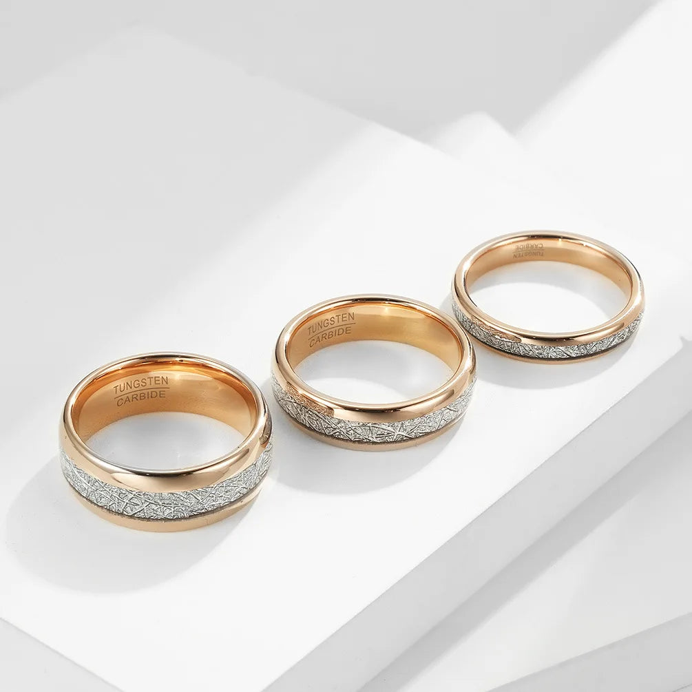 Wedding band set with genuine meteorite inlay, available in 4mm, 6mm, and 8mm widths, featuring rose gold tungsten, comfort fit for men and women.