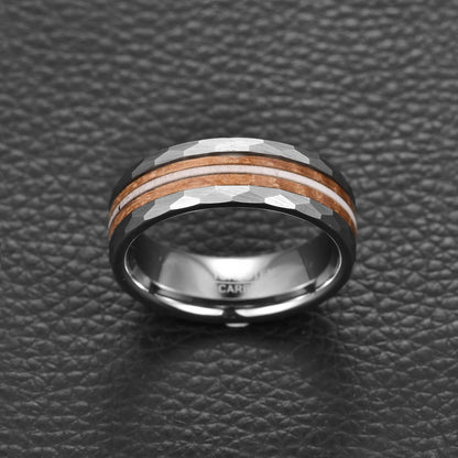 Hammered edge tungsten ring with whiskey barrel oak and antler inlay