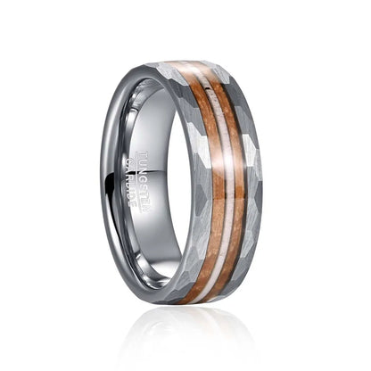 Whiskey barrel oak and antler inlay tungsten ring with hammered edge