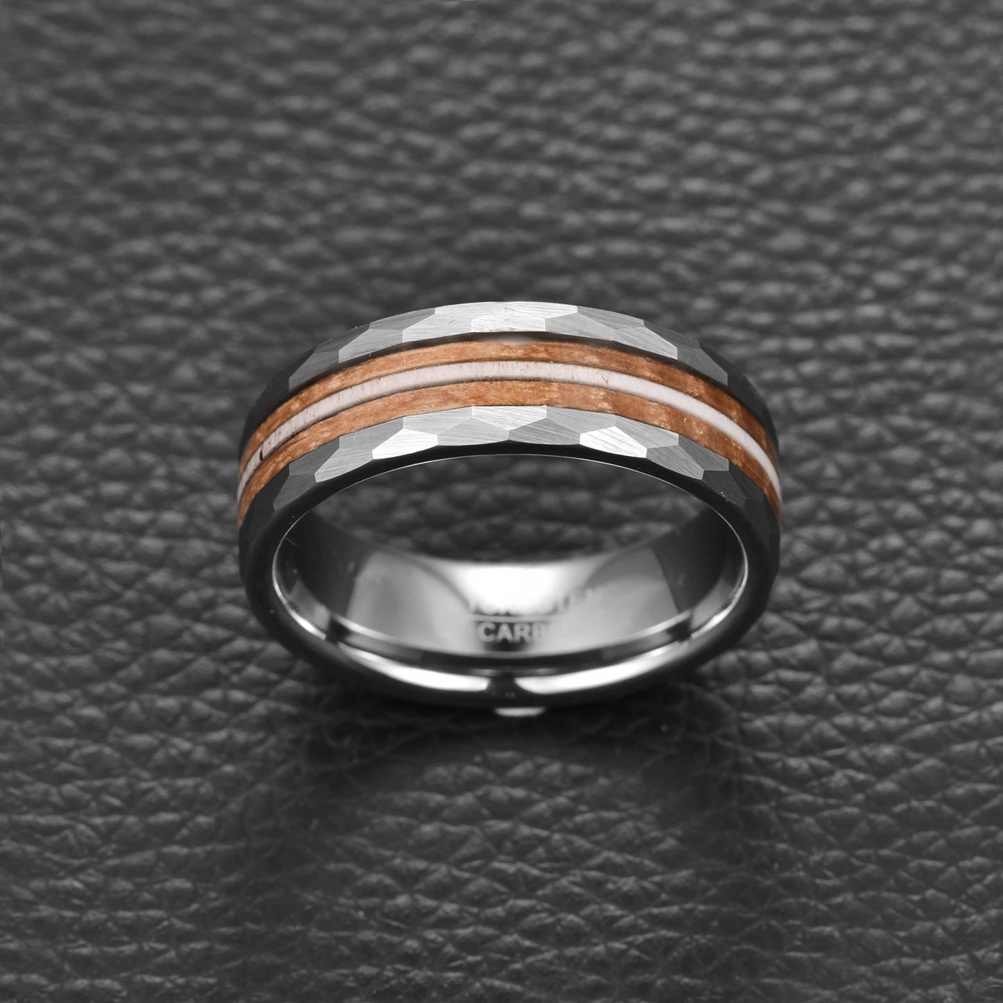 Whisky barrel ring, featuring a deer antler and whiskey barrel oak wood inlay.