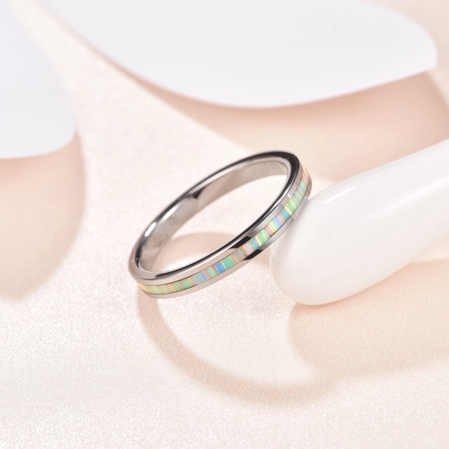 3mm white fire opal inlay Tungsten women's wedding ring with a polished finish