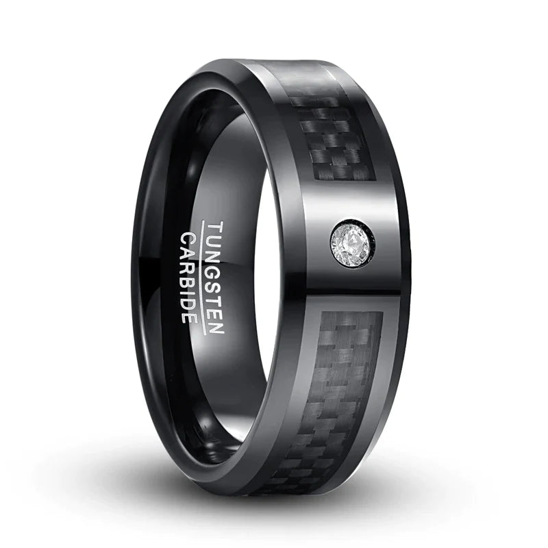Carbon band set with a white stone, featuring a polished finish and beveled edges.