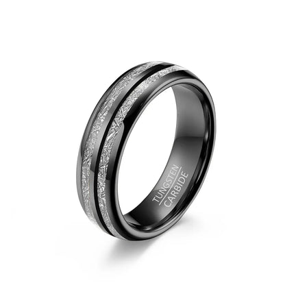 Tungsten 6mm women's black wedding band with meteorite inlay