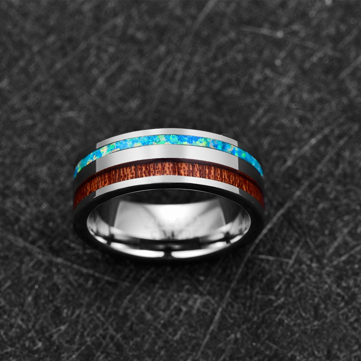 Wood and opal ring showcasing Koa wood and natural blue opal inlays.