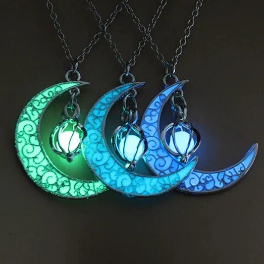 Glowies Glow Jewelry Art & Decor - Crescent Moon with Blue Glow in the dark  Orb Necklace