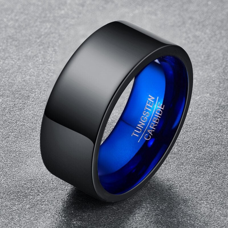 10mm Tungsten ring with bright blue interior and polished finish.