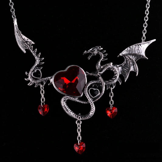 Gothic Silver Dragon Heart Crystal Necklace