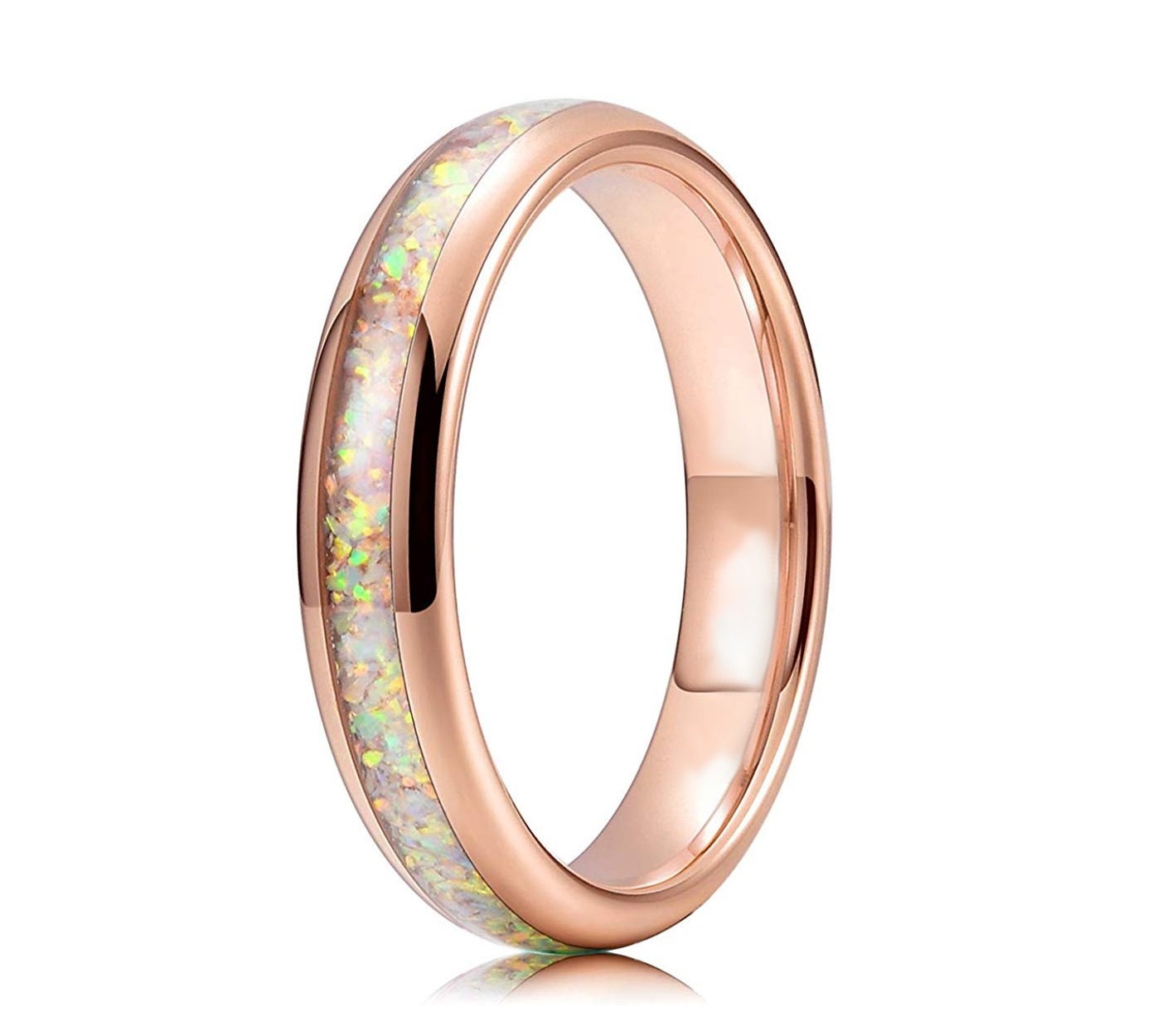 4mm rose gold Tungsten fire opal wedding band with domed design and polished finish.