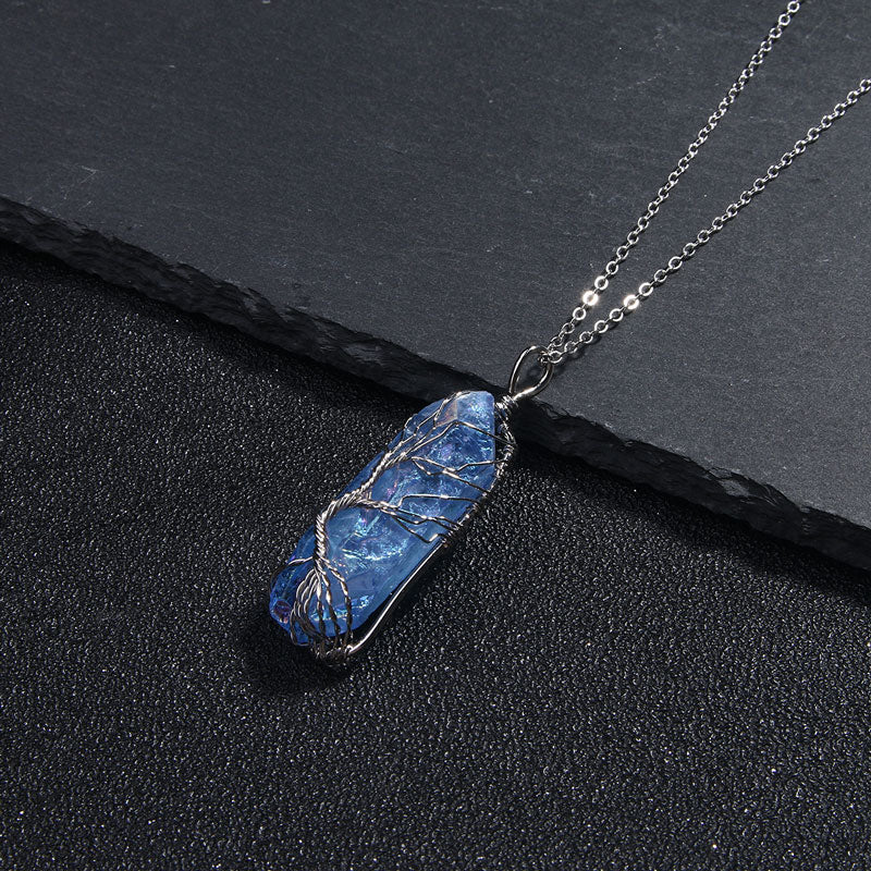 Collier Arbre de Vie à Quartz Aqua Aura Bleu